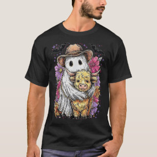 Boho Floral Ghost And Highland Cow Spooky Cowboy T-Shirt