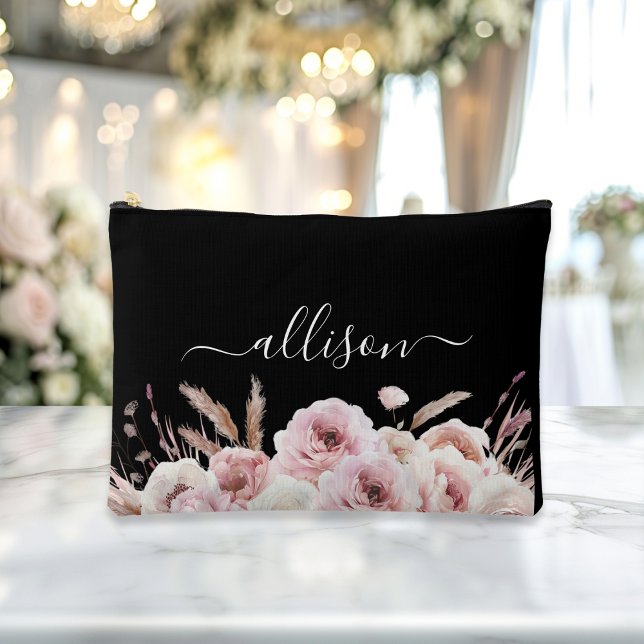 Boho, floral, Gift, Name  Accessory Pouch (Boho, floral, gift Name accessory and makeup bag showcases a sleek white script font with elegant sw)
