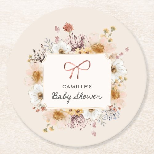 Boho Floral Girl Baby Shower Round Paper Coaster