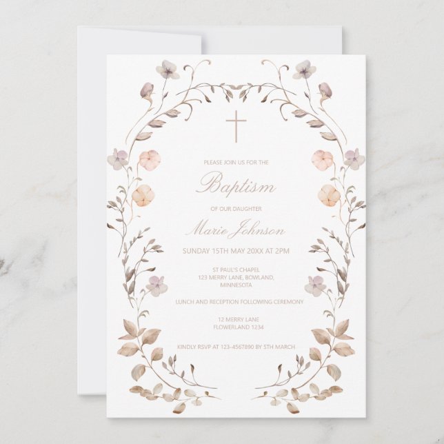 Boho floral girl Baptism invitation template (Front)