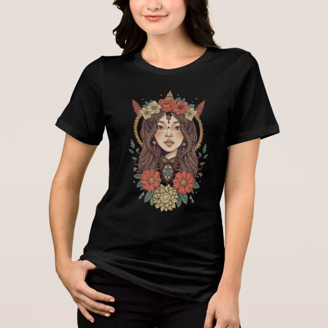 Boho Floral Girl Black T-Shirt Tri-Blend Shirt (Front)
