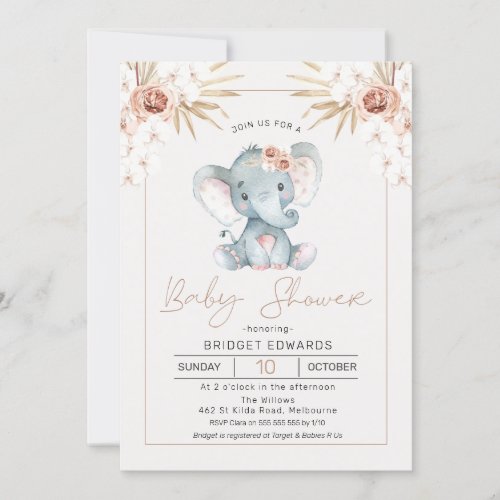 Boho Floral Girls Elephant baby Shower Invitation