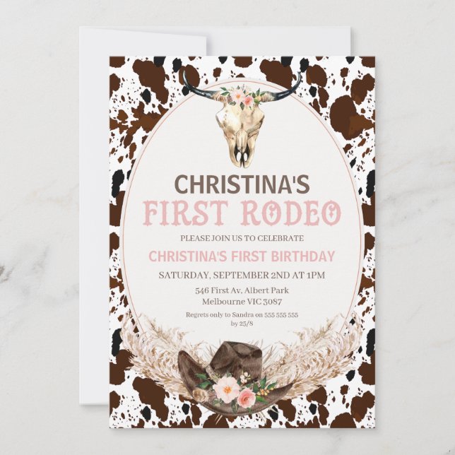 Boho Floral Girls First Rodeo 1st Birthday Invitation (Front)