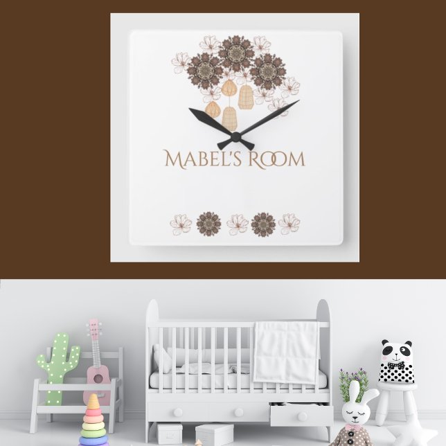 Boho Floral Girl's Monogram Square Wall Clock (Creator Uploaded)