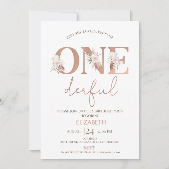 Boho Floral Girls Onederful 1st Birthday Invitation (Front)
