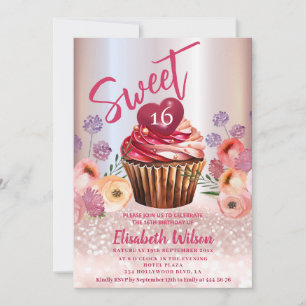 Boho floral Girly cupcake Rose gold glittery Invitation