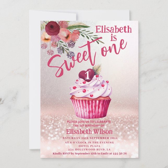 Boho floral Girly cupcake Rose gold glittery     Invitation (Front)