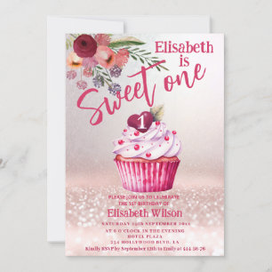 Boho floral Girly cupcake Rose gold glittery Invitation