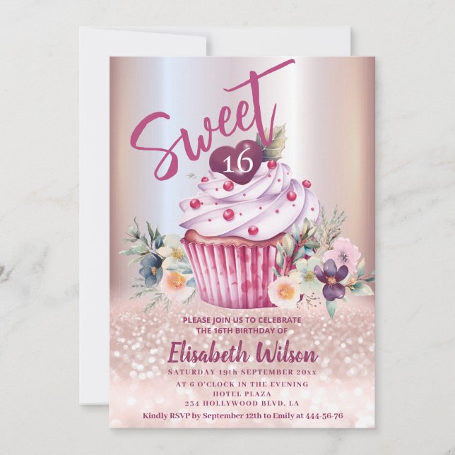 Boho floral Girly cupcake Rose gold glittery    Invitation (Front)