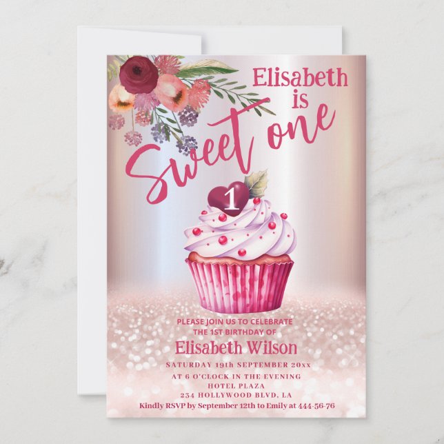 Boho floral Girly cupcake Rose gold glittery     Invitation (Front)