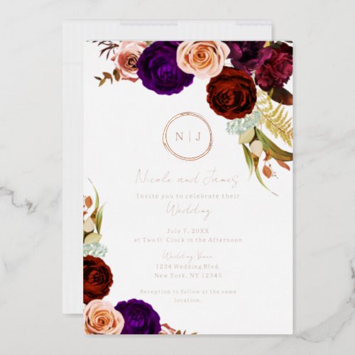 Boho Floral Glam Modern Minimal Wedding Photo  Foil Invitation