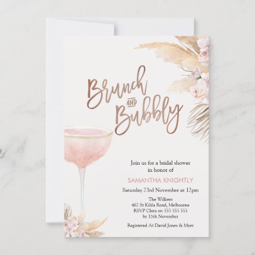Boho Floral Glass Brunch Bubbly Bridal Shower Invitation