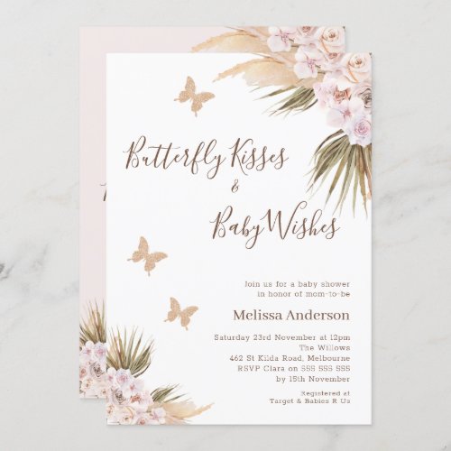 Boho Floral Glitter Butterfly Kisses Baby Shower Invitation