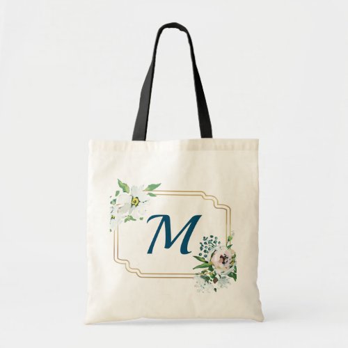 Boho Floral Gold Border Monogram Bridesmaid Tote Bag