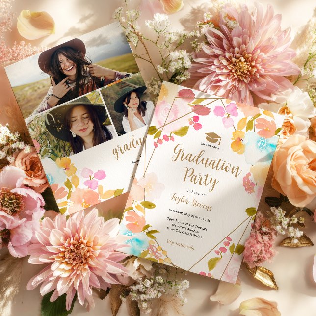 Boho Floral Gold Geometric Modern Photo Graduation Invitation (Boho Floral Gold Geometric Modern Photo Graduation Invitation)