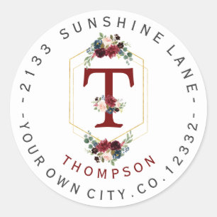 Boho Floral Gold Monogram Circular Address Label