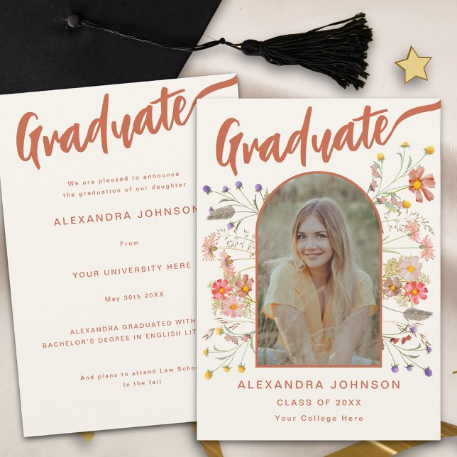 Boho Floral Graduate Photo Burnt Orange Script Announcement (Boho floral graduate photo burnt orange script graduation announcement card watercolor wildflowers )