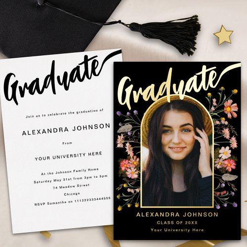 Boho floral Graduate Photo Grad Party Script Gold Foil Invitation
