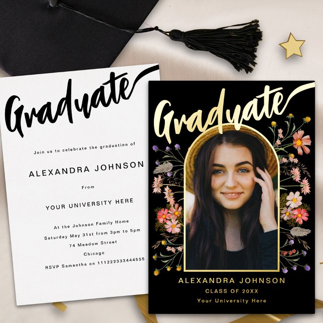 Boho floral Graduate Photo Grad Party Script Gold Foil Invitation (Boho floral arch graduate photo black and gold foil calligraphy graduation party invitation)