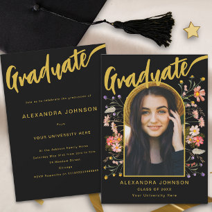 Boho Floral Graduate Photo Script Graduation Party Invitation