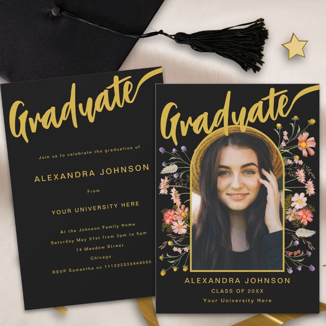 Boho Floral Graduate Photo Script Graduation Party Invitation (Boho floral graduate photo arch gold script black graduation party invitation watercolor wildflowers)