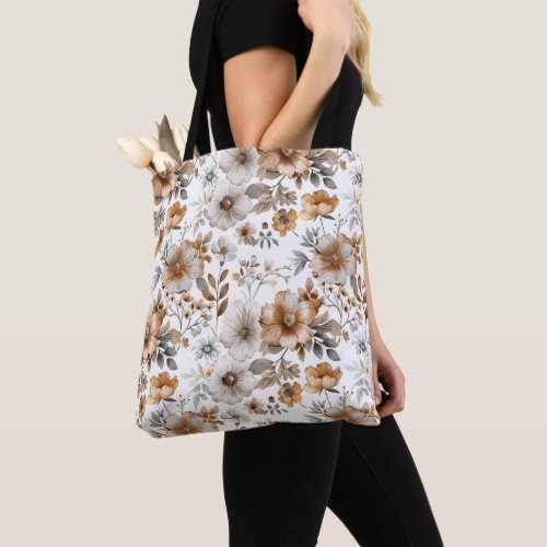 Boho Floral Gray Brown Neutral Color Watercolor Tote Bag