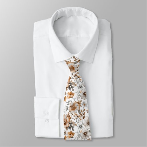 Boho Floral Gray Brown Neutral Color Wedding Groom Neck Tie