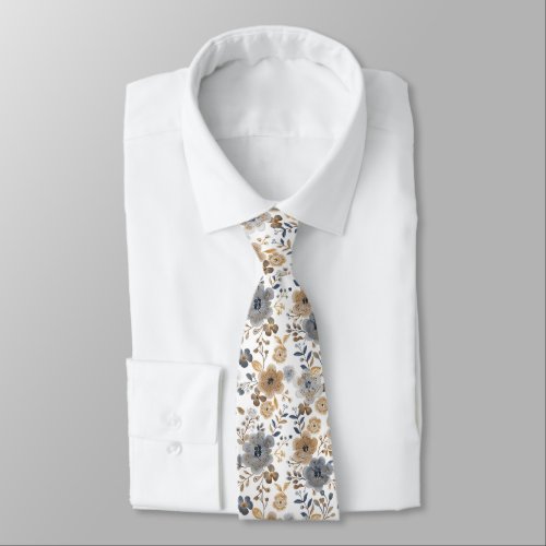 Boho Floral Gray Brown Neutral Color Wedding Groom Neck Tie