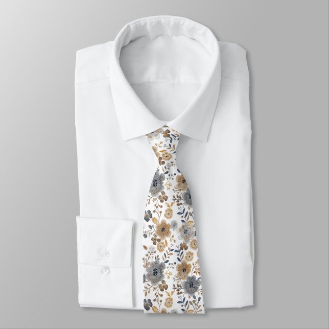 Boho Floral Gray Brown Neutral Color Wedding Groom Neck Tie (Tied)