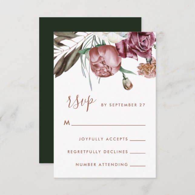 Boho Floral Green Modern Script Wedding RSVP Card (Front/Back)
