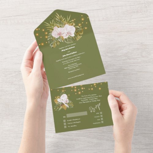 Boho floral green orchid wildflower island wedding all in one invitation