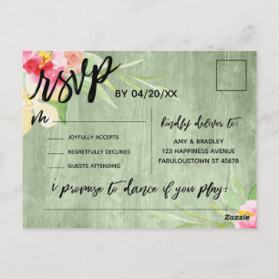 Boho Floral Green Rustic Wood Song Request RSVP Postcard