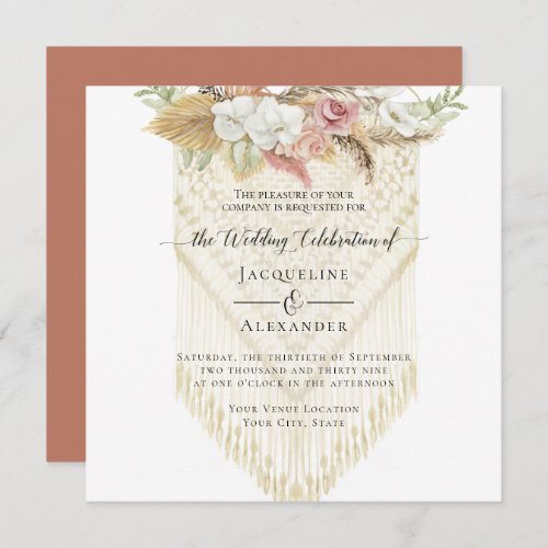 BOHO Floral Greenery Pampas Grass Blush Wedding Invitation