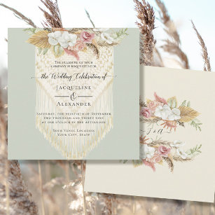 BOHO Floral Greenery Pampas Grass Mint Wedding Invitation