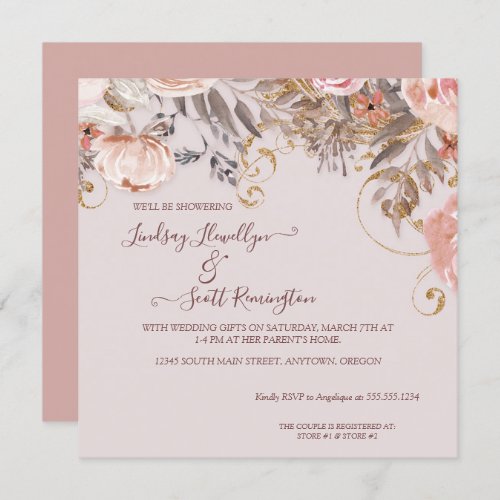 Boho Floral Greenery Pink Rose Gold Couples Shower Invitation