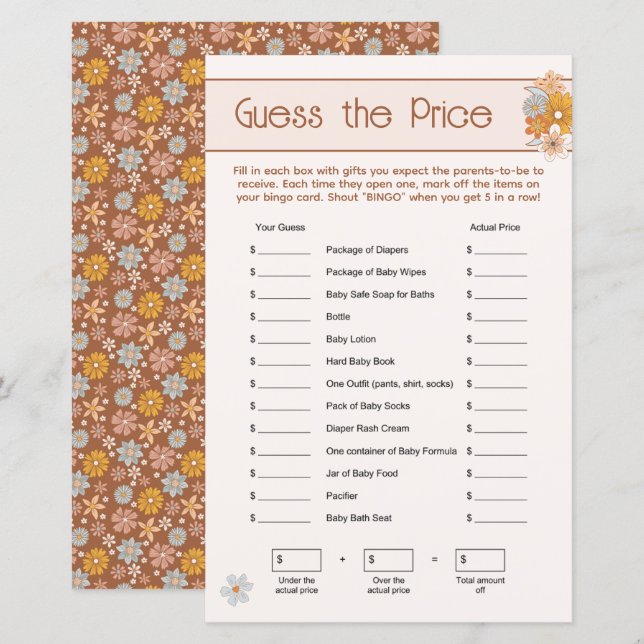 Boho Floral Guess the Price Baby Shower Game (Front/Back)