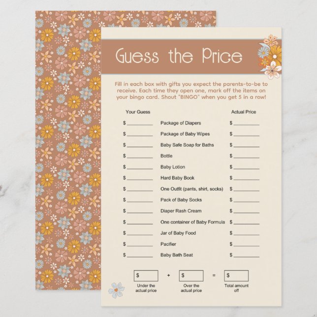 Boho Floral Guess the Price Baby Shower Game (Front/Back)