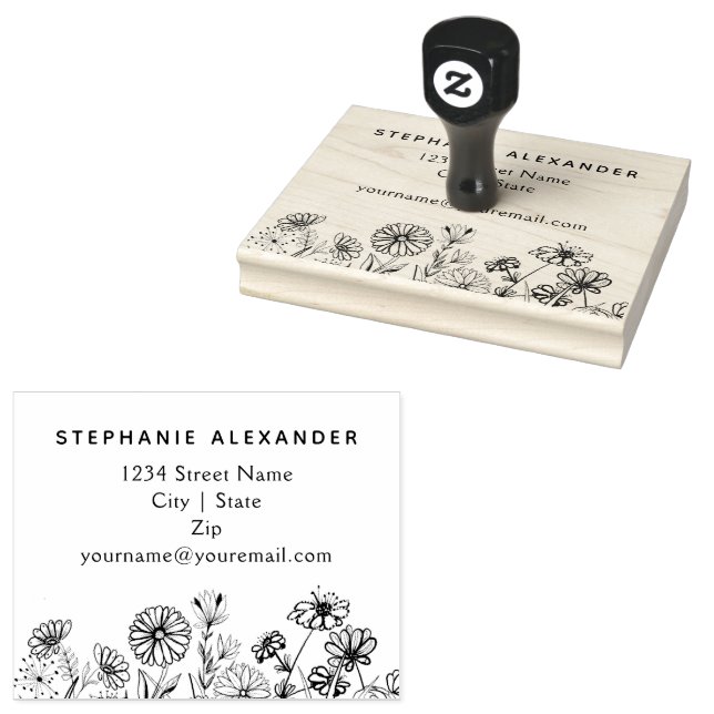 Boho  floral hand drawn daisies and wild flowers  rubber stamp (Stamped)