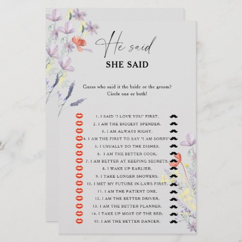 Boho Floral He said she said bridal shower game