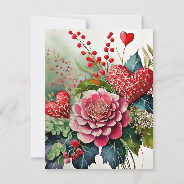 Boho floral hearts valentine holiday card (Front)