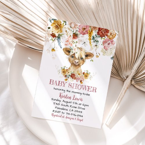 Boho Floral Highland Cow Baby Shower Invite