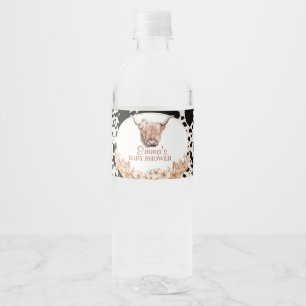 Boho Floral Highland Cow Baby Shower Water Bottle Label