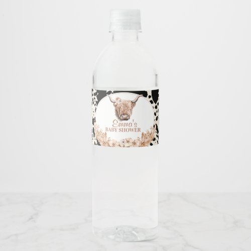Boho Floral Highland Cow Baby Shower  Water Bottle Label