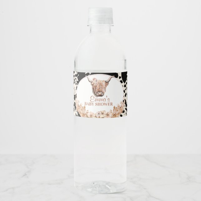 Boho Floral Highland Cow Baby Shower  Water Bottle Label (Front)