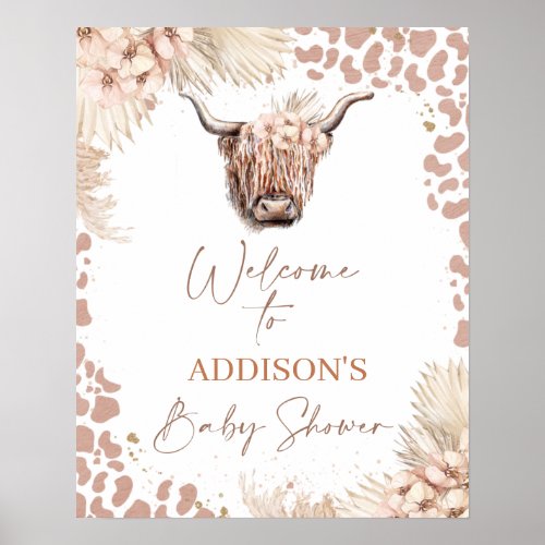 Boho Floral Highland Cow Baby Shower Welcome Poster
