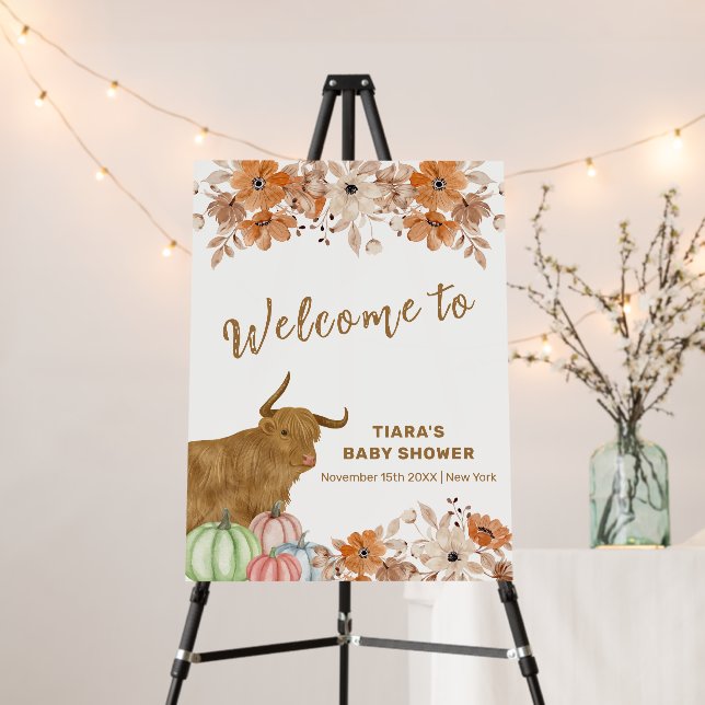 Boho Floral Highland Cow Baby Shower Welcome Sign  (In Situ (Stand))