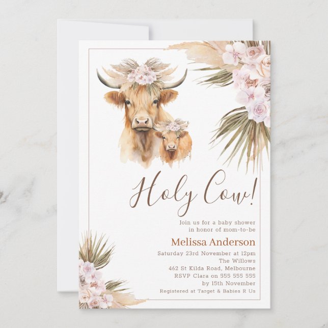 Boho Floral Highland Cow Calf Baby Shower Invitation (Front)