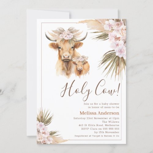 Boho Floral Highland Cow Calf Baby Shower Invitation