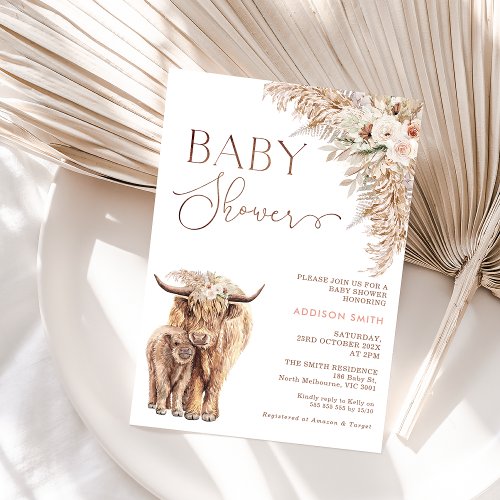 Boho Floral Highland Cow Calf Baby Shower  Invitation