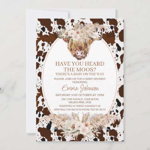 Boho Floral Highland Cow Cowhide Baby Shower Invitation